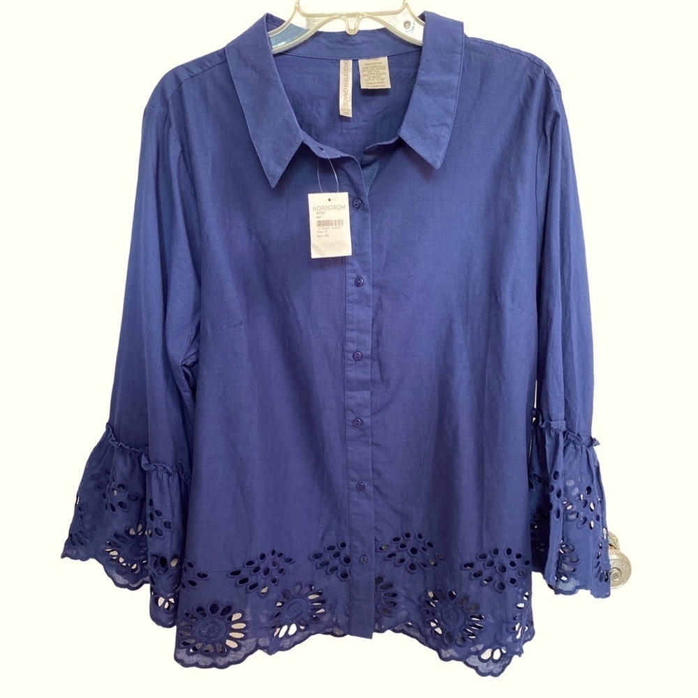 Nordstrom Forgotten Grace Button Down Navy Eyelet Trim Shirt Size 2X NWT - Picture 2 of 7